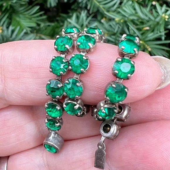 VINTAGE ART DECO STERLING SILVER EMERALD GREEN RHINESTONES TENNIS BRACELET